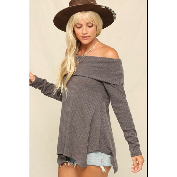 Fold over shoulder top, casual rib tunic with long sleeves. - Picture 2 of 4